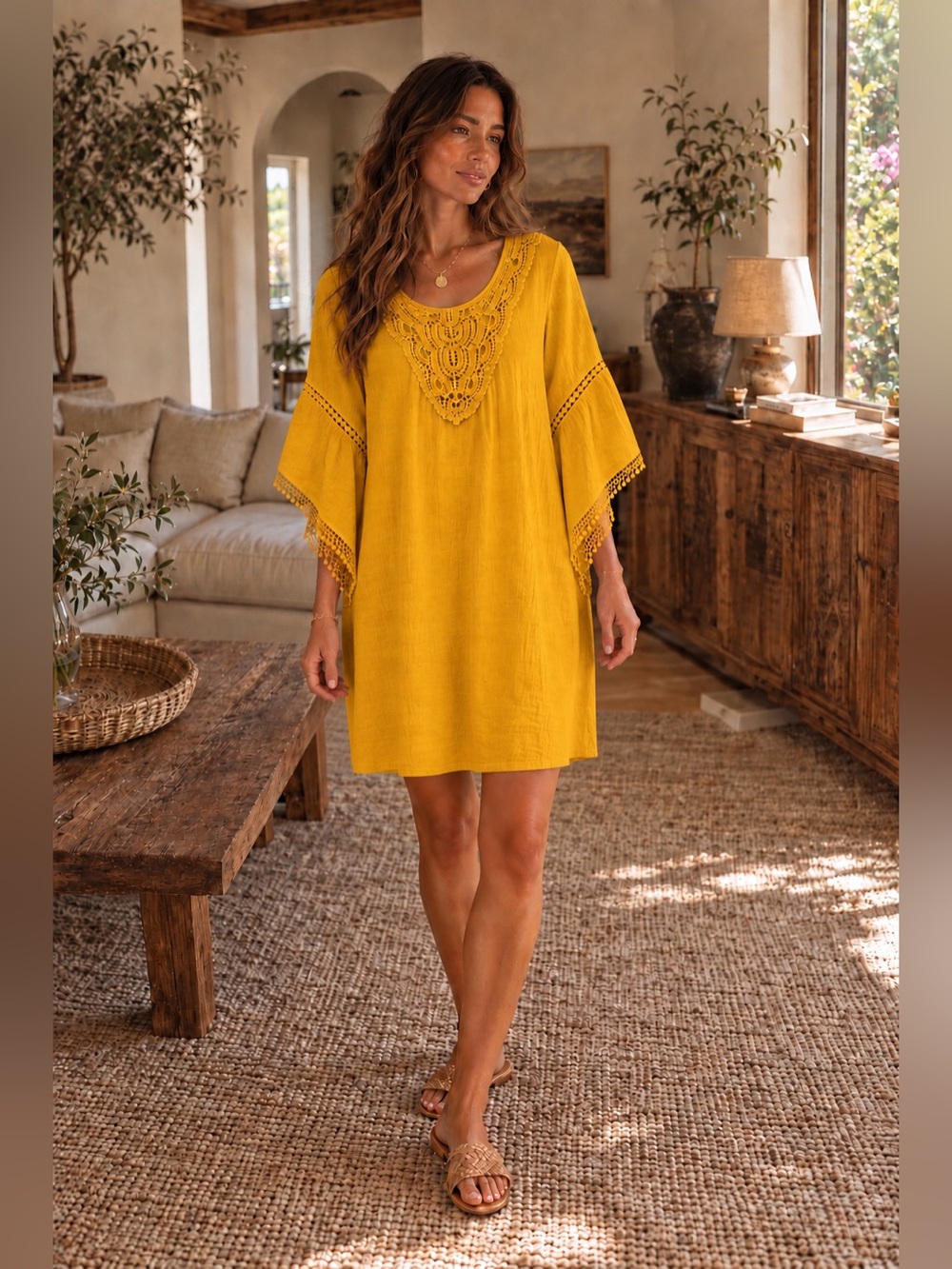 NWOT Indigo Rose Crochet Lace Bell Sleeve Boho Shift Dress, L